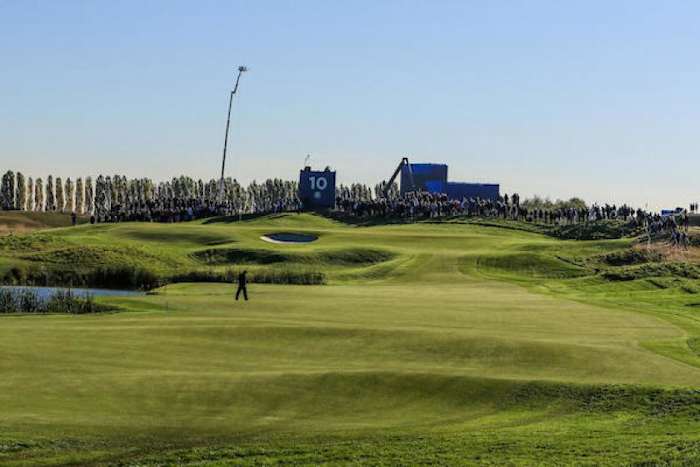 Pinched fairways and rolling terrain, such as here at the 10th hole at Le Golf National, define the design style for the site of this week’s Ryder Cup.